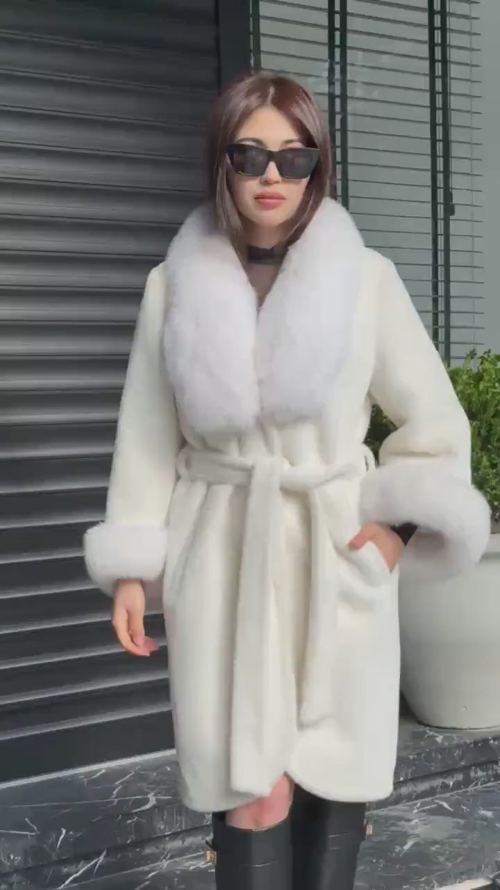 White Long Alcantara Coat, Collar Fox Fur Jacket… Shadow White Fox Fur Jacket, Women Fox Fur Coat