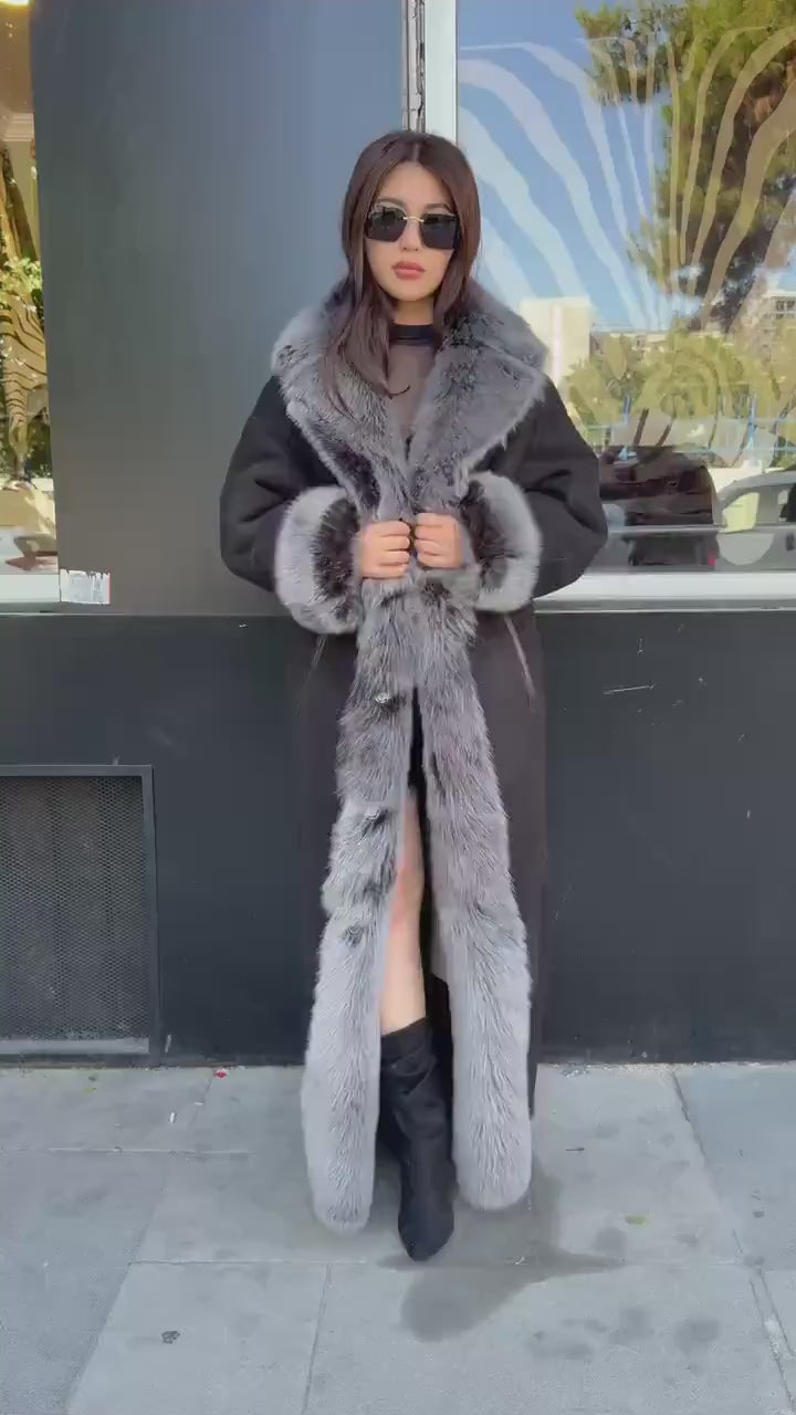 Black - Gray Long Shearling Coat, Women’s Handmade Reversible Shearling & Toscana Lamb Fur Jacket