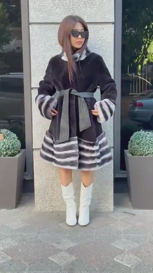 Black Flared Astrakhan Coat, Women’s Rex Rabbit Fur Trim Jacket