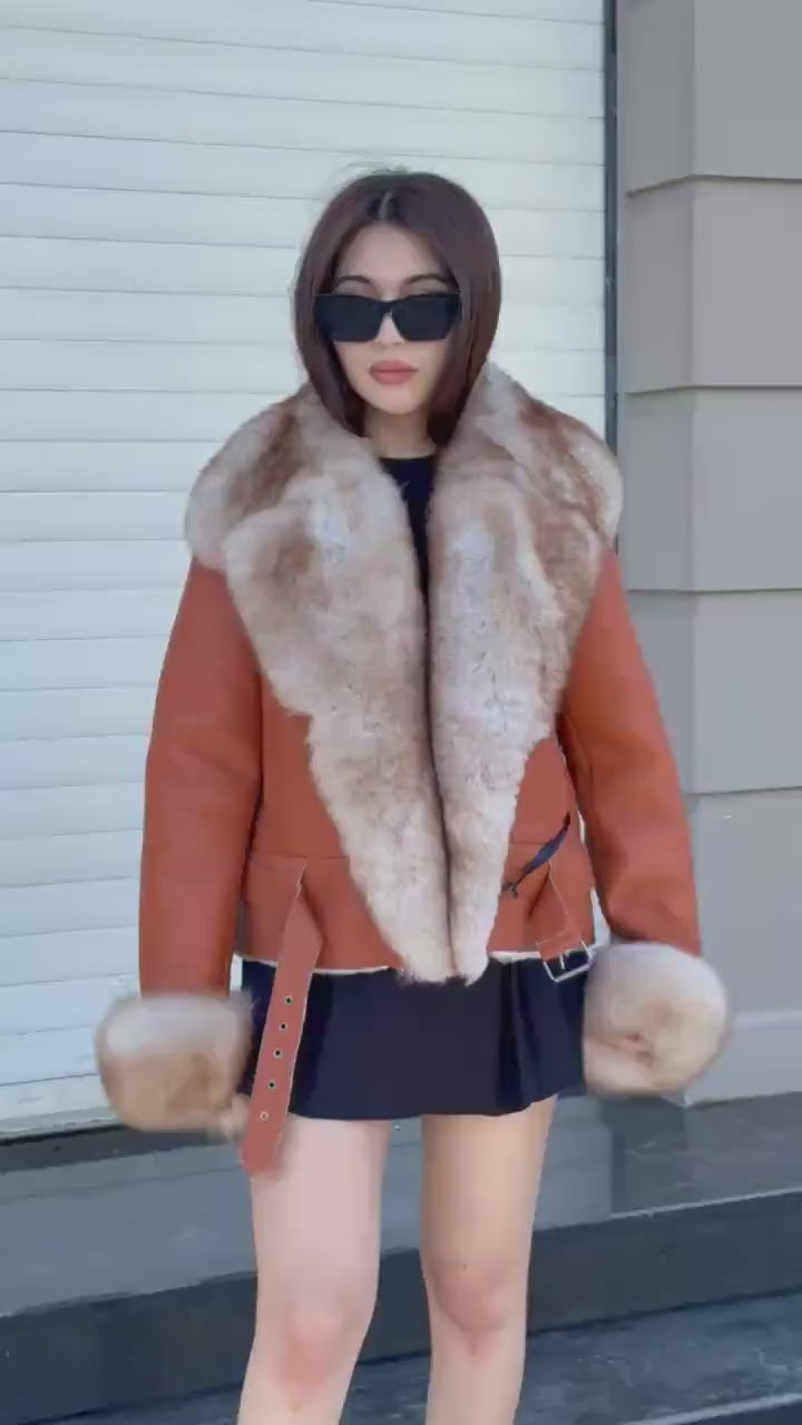 Women’s Whisky Brown Shearling Coat, Short Handmade Lambskin Front Fox Fur Jacket