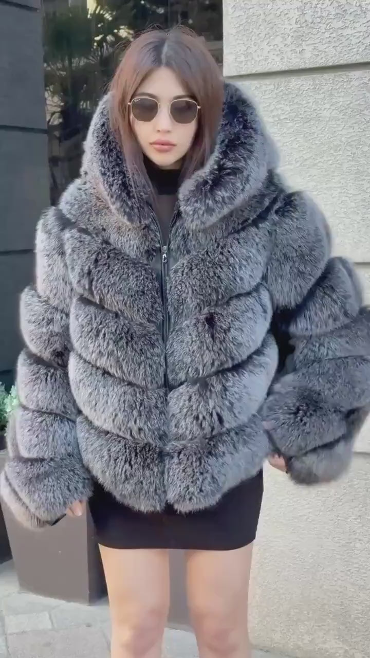 Silver Fox Fur Jacket: Detachable Hood Sleeves Fox Fur Coat.. Frost Fox Fur Jacket.- Women Fox Fur Coat__ Warm Winter Fur Coat