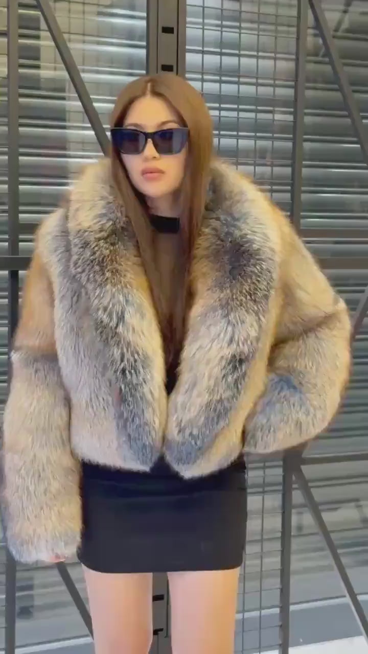 Women’s Fox Fur Jacket: Handmade Dyed Blue With Golden Tips Fur Coat