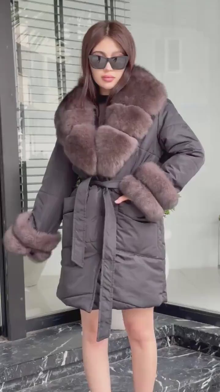 Black Puffer Coat, Women’s Handmade Short Collar Cuffs Fox Fur Jacket