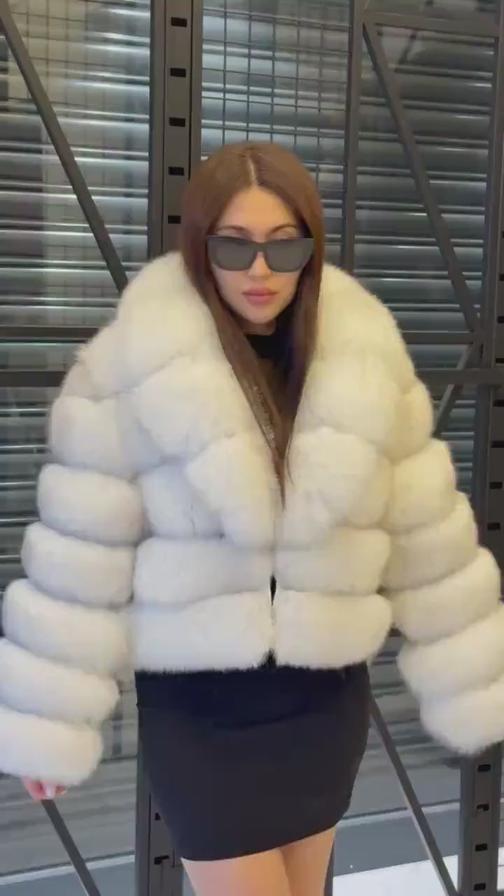 White Fox Fur Jacket for Women | Handmade Natural Luxury Winter Fur Coat