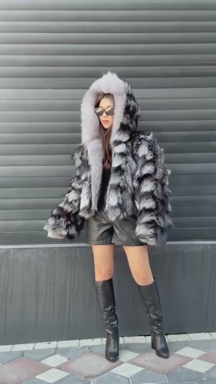 Women’s Silver Fox Fur Jacket, Luxury Handmade Frost Fox Fur Coat
