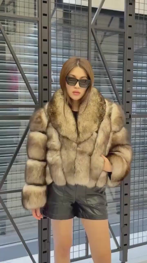 Beige Fox Fur Jacket, Short Detachable Sleeves Fox Fur Jacket, Women Fox Fur Coat