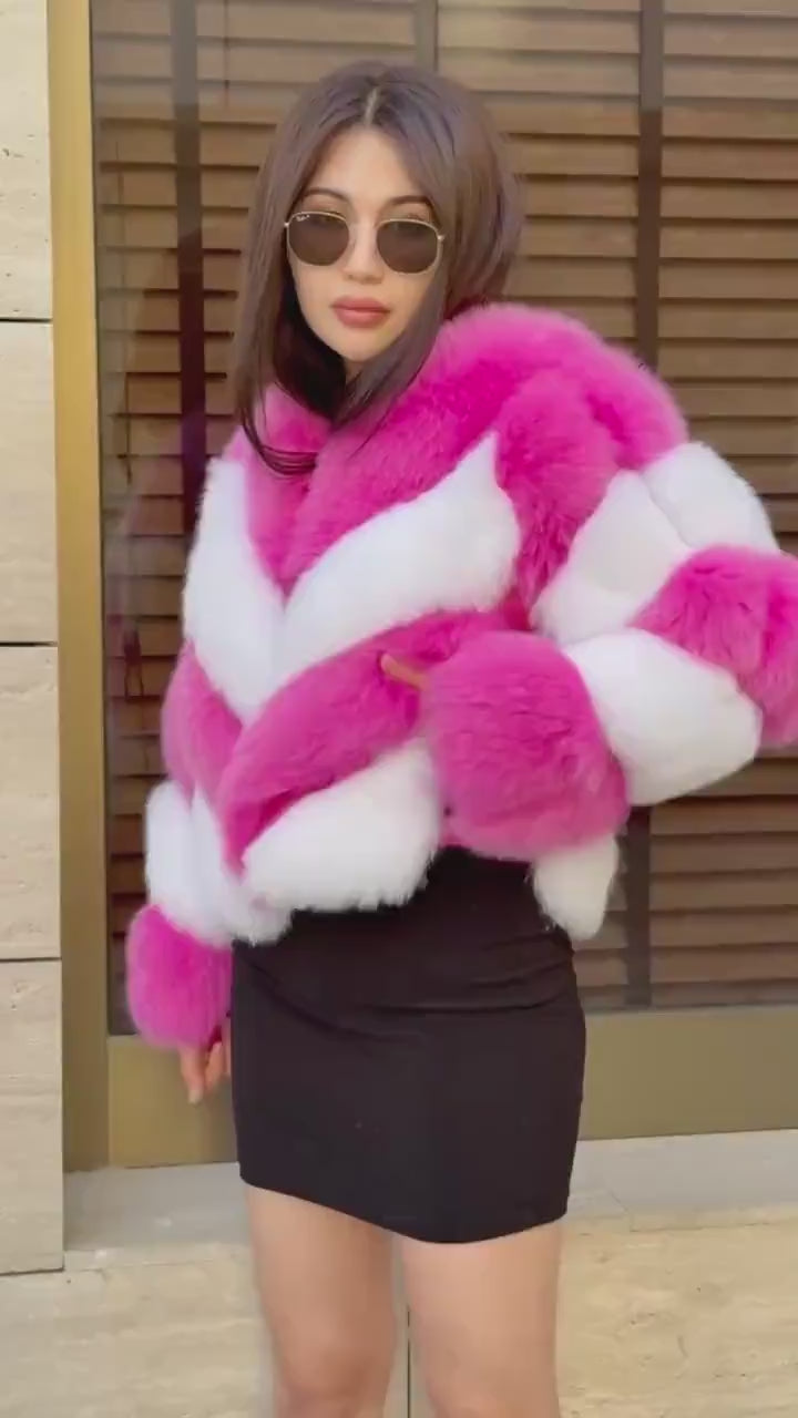 Luxury Pink - White Fox Fur Jacket: Women’s Handmade Detachable Sleeves Short Coat