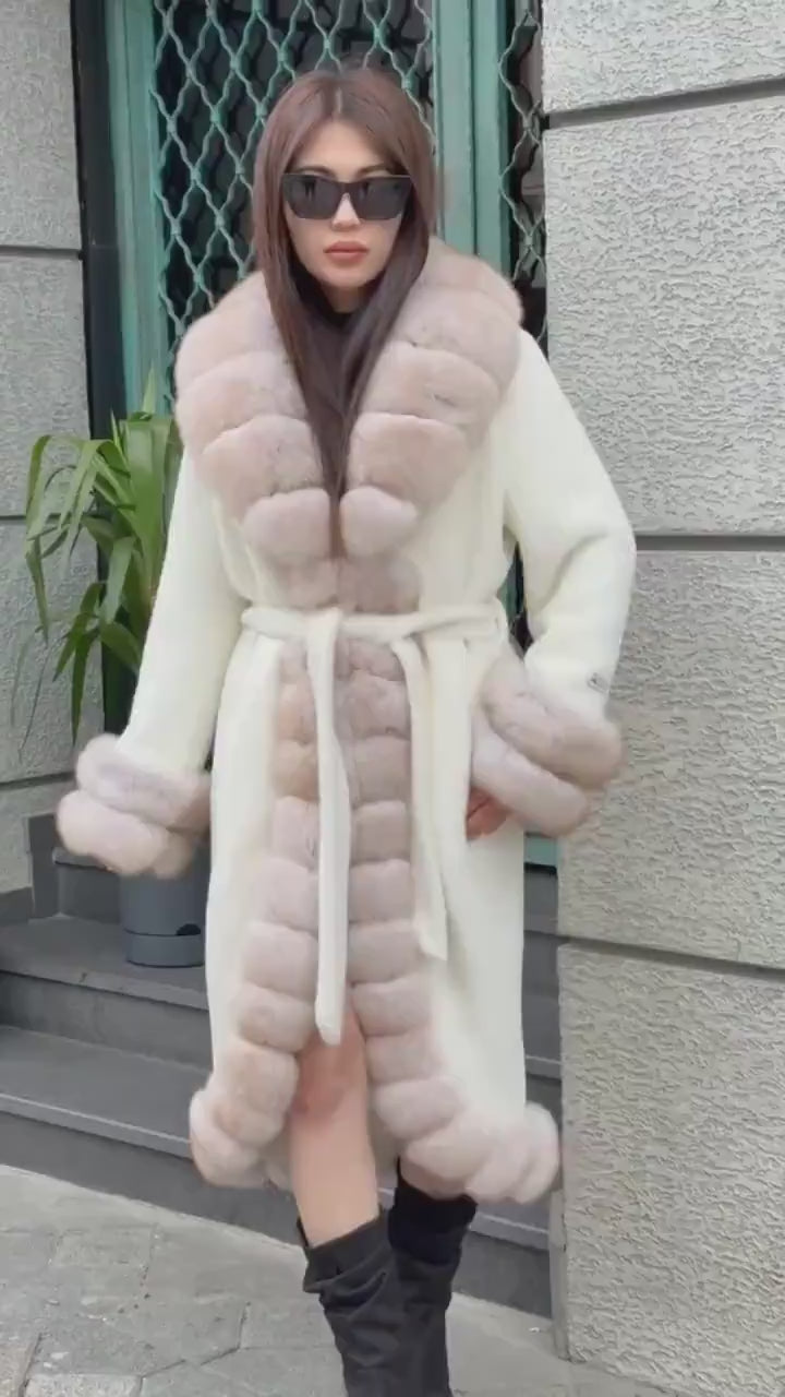 Long Ivory White Alcantara Coat. Front & Cuffs Fox Fur Jacket. Fox Fur Trim Coat