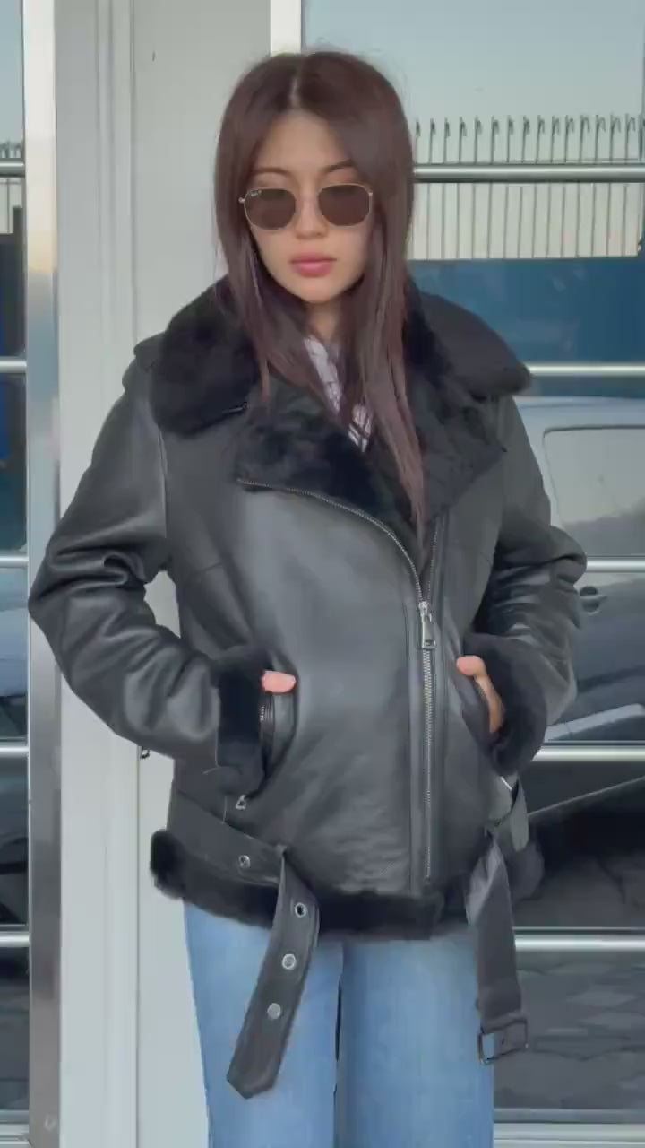 Women’s Black Shearling Coat, Handmade Short Aviator Lamb Fur Jacket