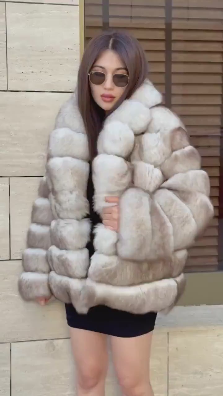 Beige Fox Fur Jacket: Women’s Handmade Short Soft Fur Coat