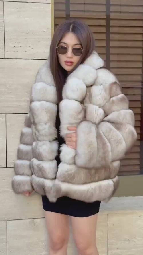 Beige Fox Fur Jacket: Women’s Handmade Short Soft Fur Coat