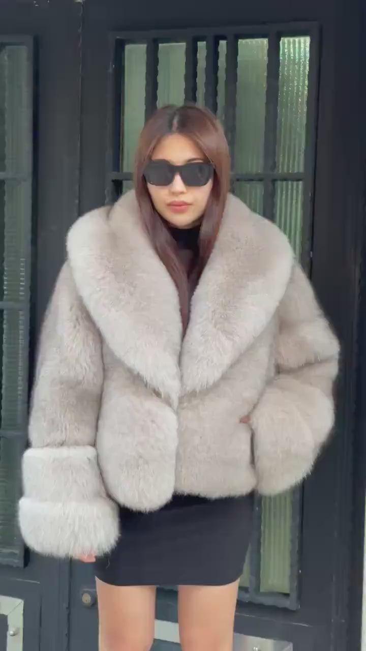 Women’s Beige Fox Fur Coat, Luxury Handmade Full Skin Winter Fur Coat