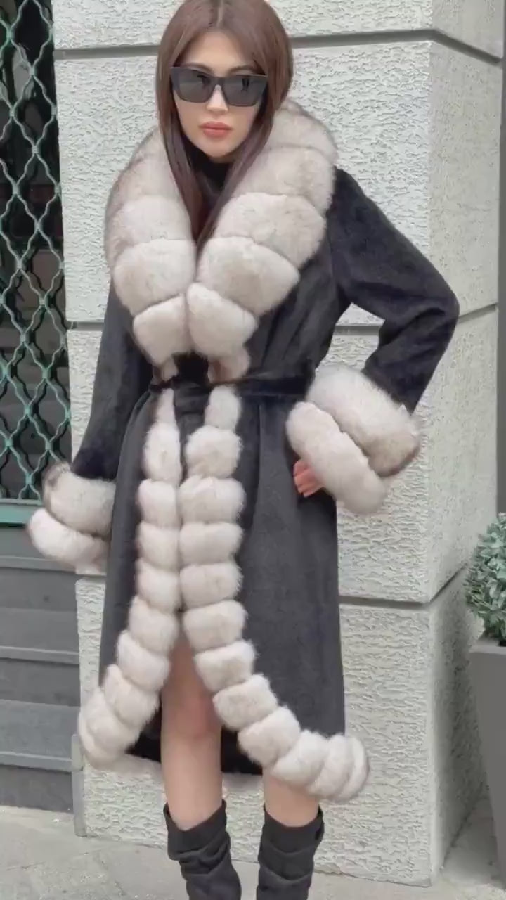 Black Long Alcantara Coat, Front Cuffs Fox Fur Jacket, Premium Fox Fur Jacket, Women Fox Fur Coat../ Fox Fur