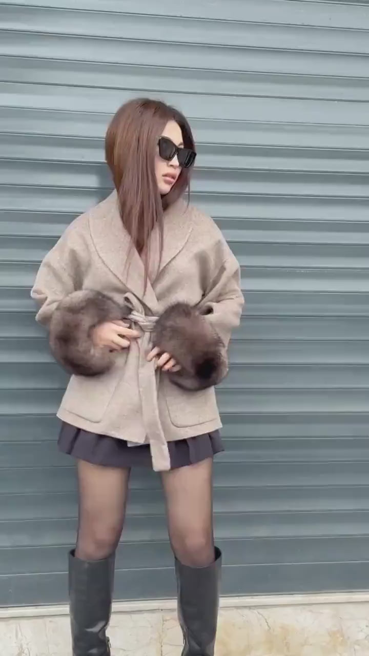 Beige Short Alpaca Wool Coat, Women Fox Fur Jacket. - Cuffs Fox Fur Jacket.. Soft Fox Fur.. Fox Fur