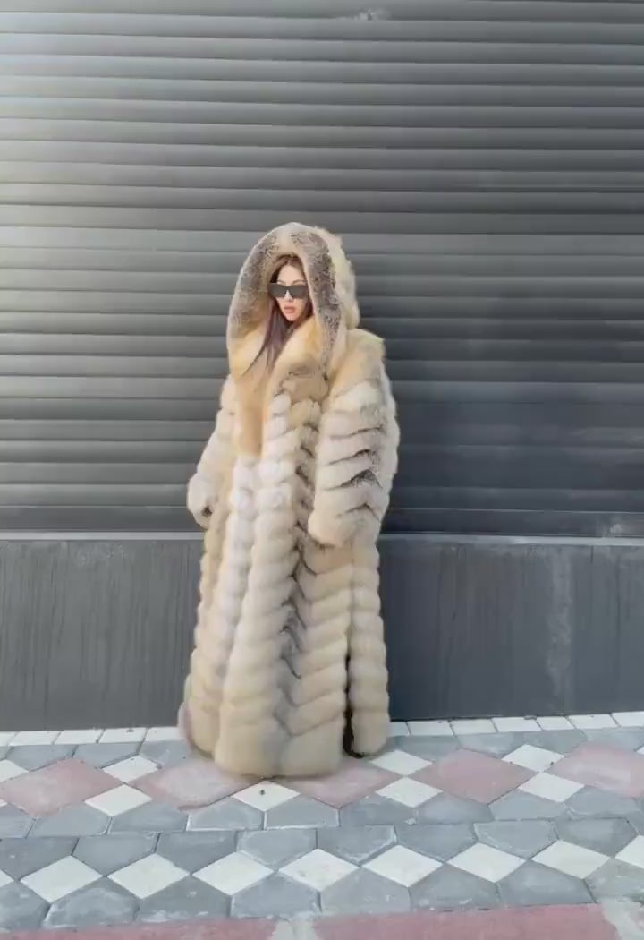Luxury Long Gold Fox Fur Coat, Unisex Hooded Detachable Sleeves..- Fox Fur Jacket, Fox Coat Men, Women Fox Fur Jacket