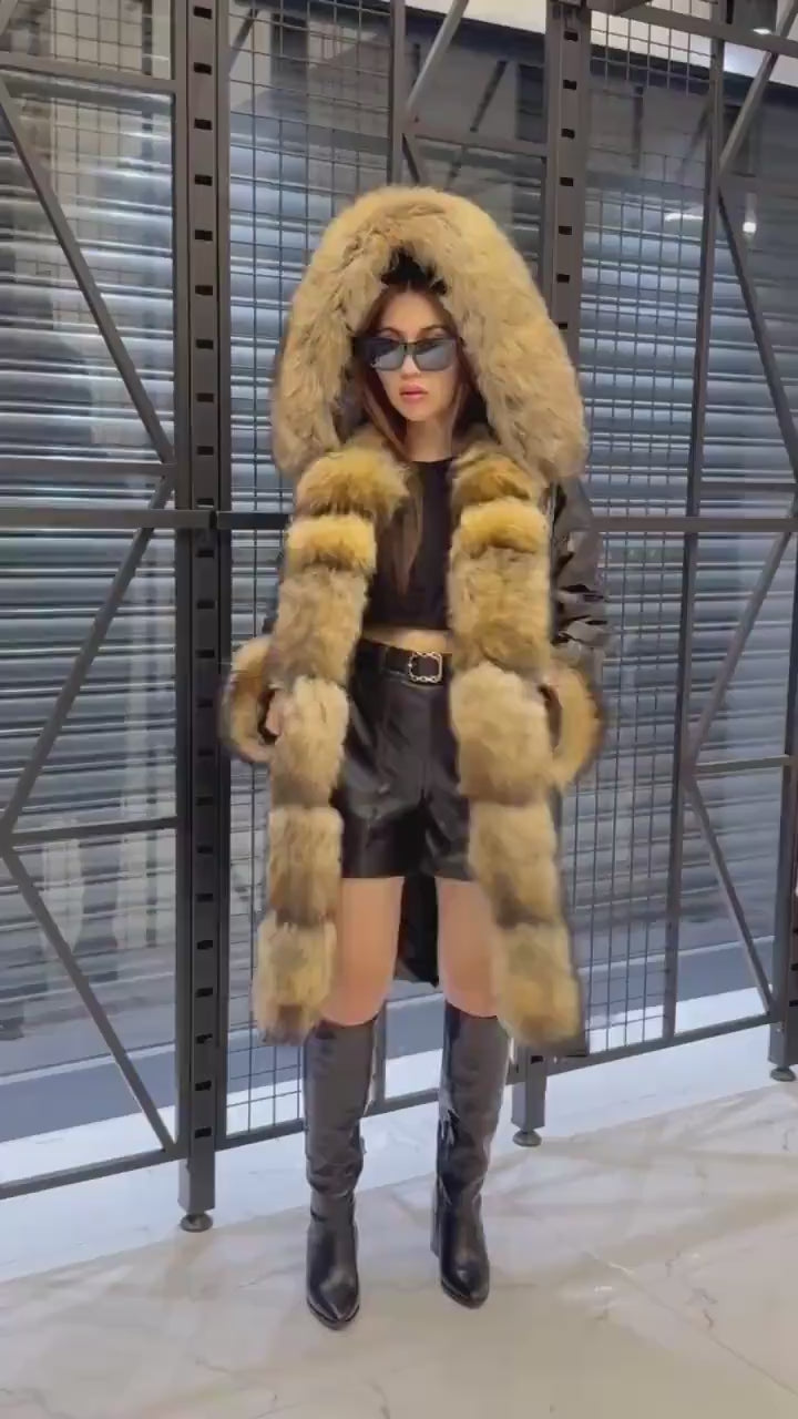 Black Parka Puffer Coat, Women’s Hooded Front Cuffs Raccoon Fox Fur Jacket