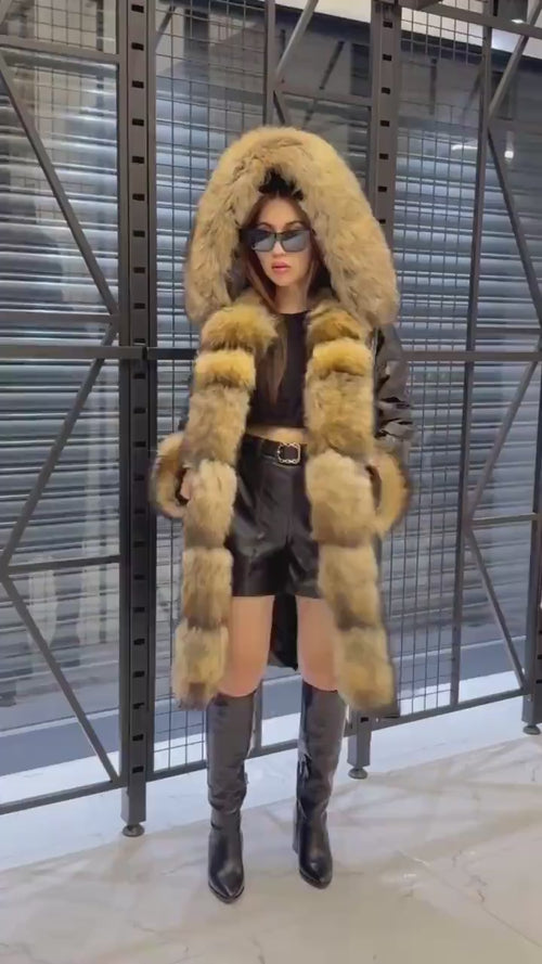 Black Parka Puffer Coat, Women’s Hooded Front Cuffs Raccoon Fox Fur Jacket