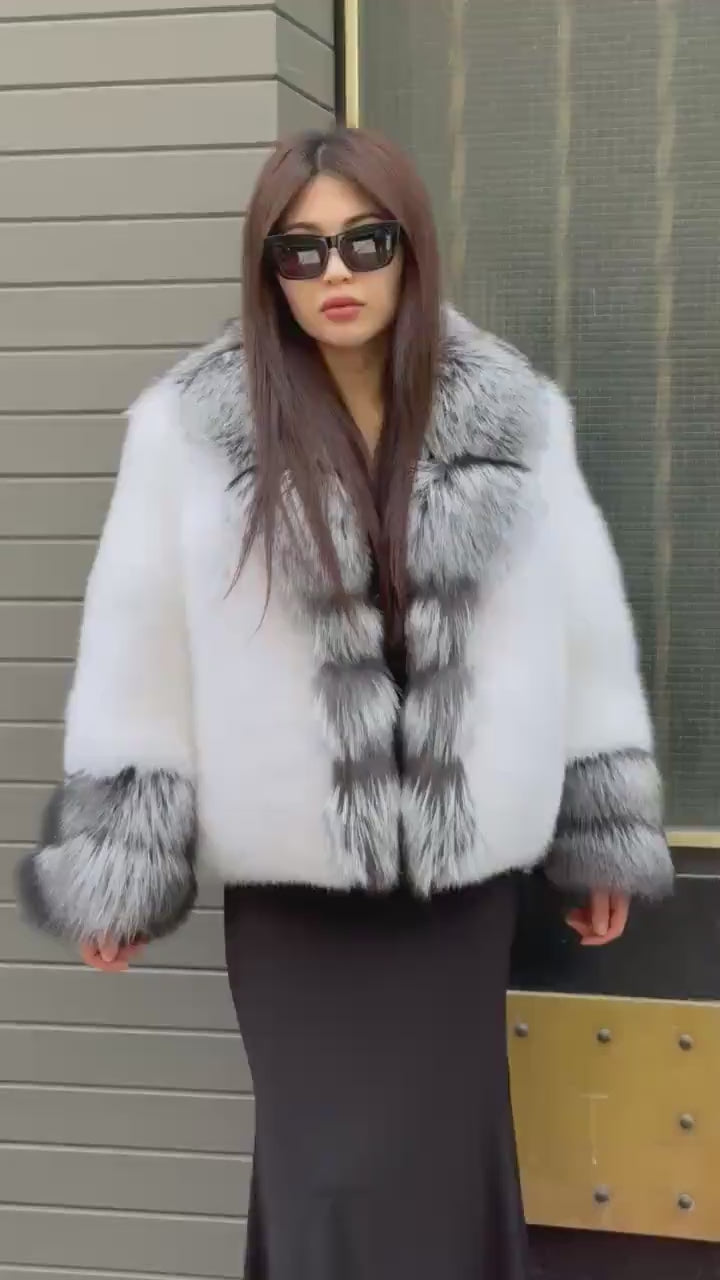 Luxury Shadow White Fox Fur Jacket | Handmade Women Arctic Fur Short Coat