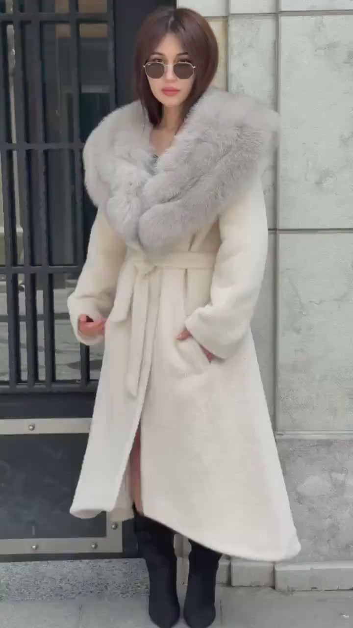 Beige Alcantara Coat, Collar Fox Fur Jacket, Flared Coat.— Beige Fox Fur.. Fox Fur