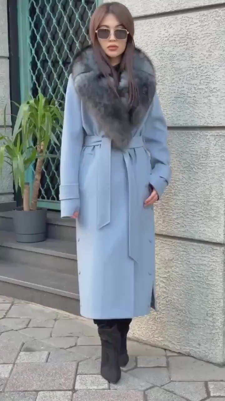 Sky Blue Luxury Cashmere Coat With Fox Fur Trim | Collar Fox Fur Coat | Handmade Plus Size Long Belted Wool Coat For Women, Fox Fur Coat