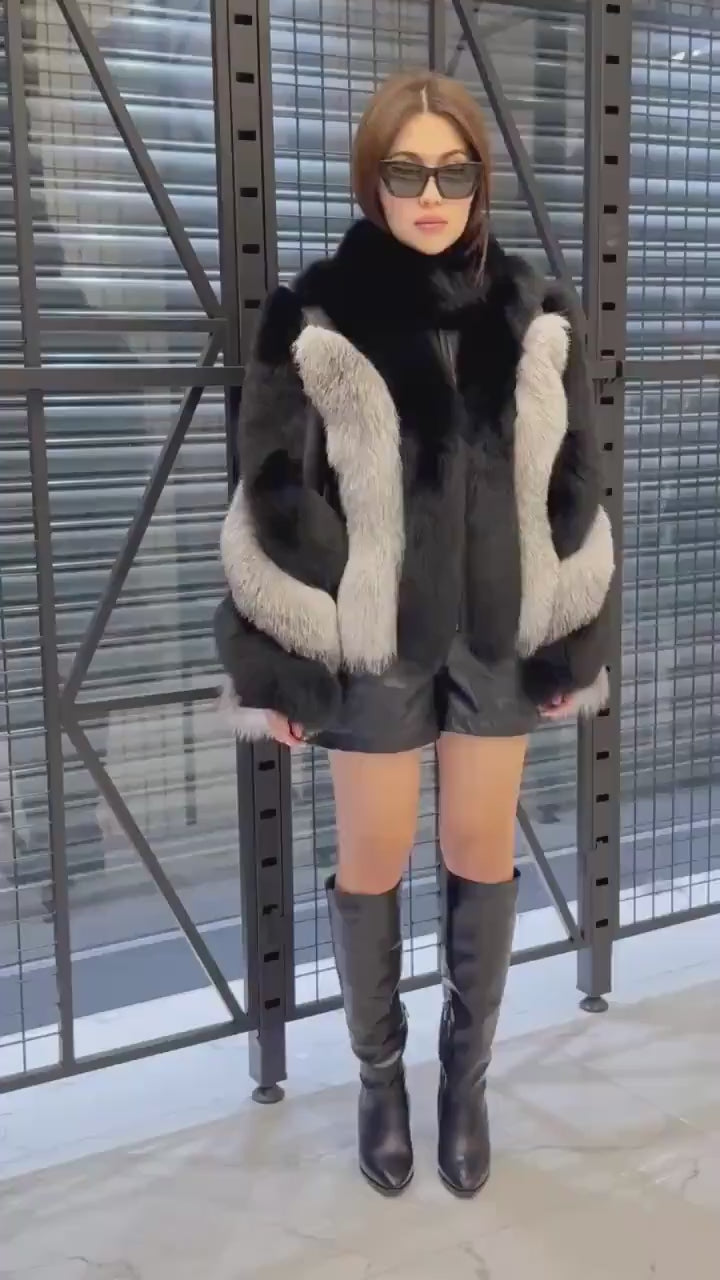Black - Silver Fox Fur Jacket, Women’s Handmade Short Fur Coat
