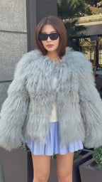 Ice Gray Tibetan Fur Coat, Shaggy Lamb Fur Coat , Women Mongolian Fur Jacket