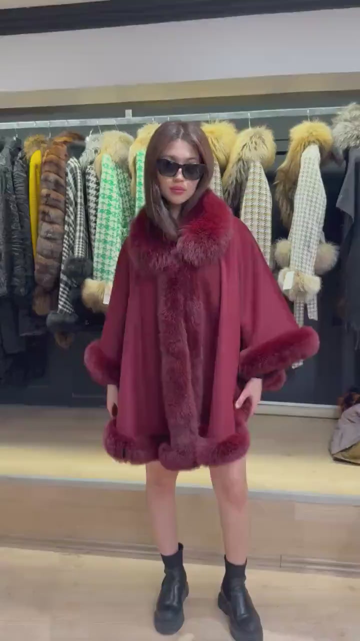 Burgundy Cashmere Cape with Fox Fur Trim: Wool Shawl With fox Fur. Front Skirt- Fox Fur Jacket. Burgundy Fox Fur Jacket. Fox Fur Cape