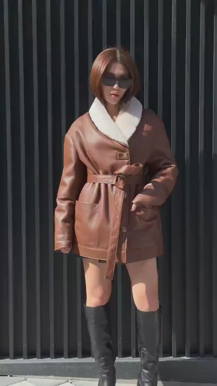 Women’s  Whisky Brown Shearling Coat, Handmade Short Lambskin Jacket