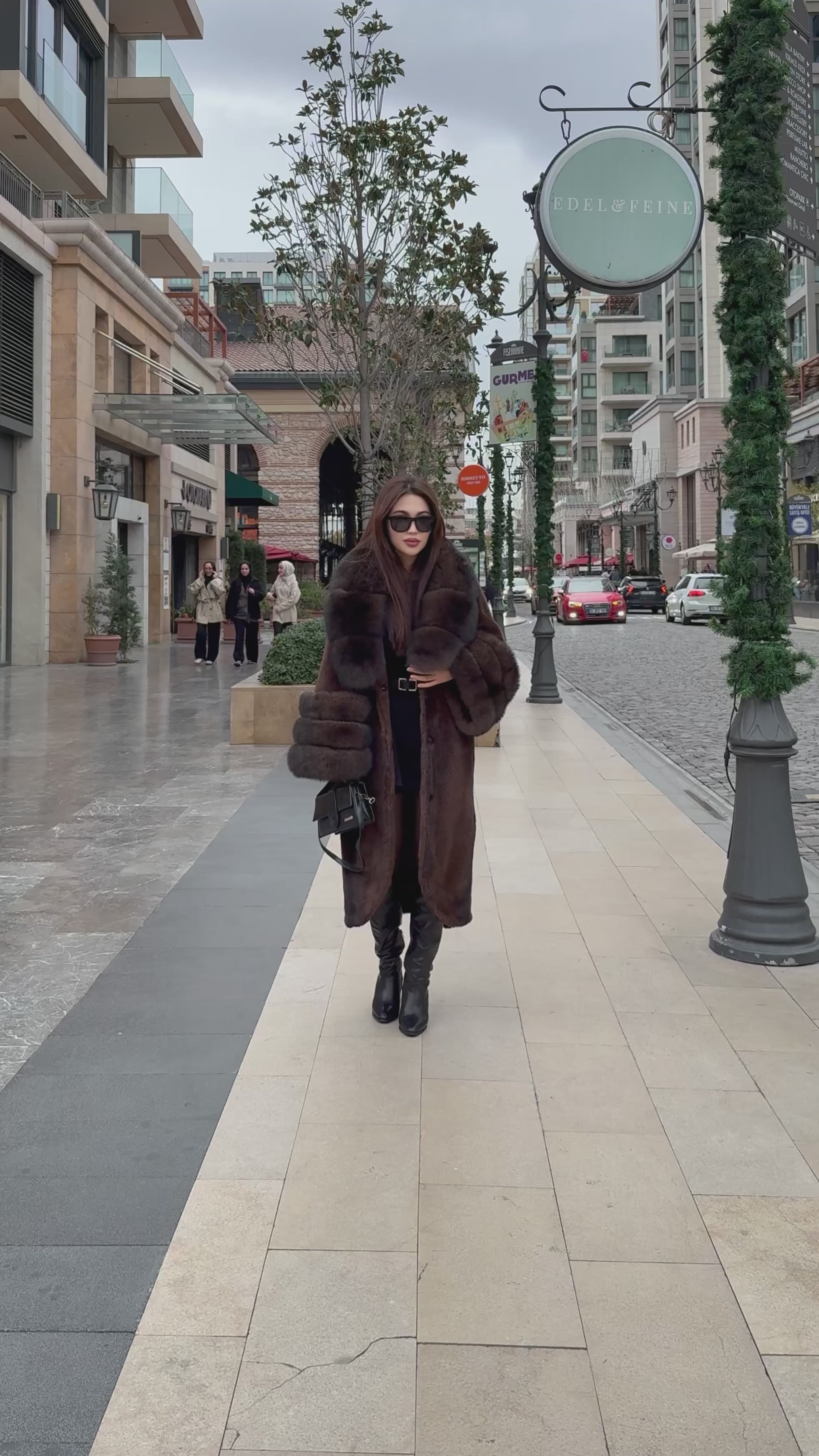 Brown Long Faux Mink Fur Coat with Genuine Fox Fur Trim
