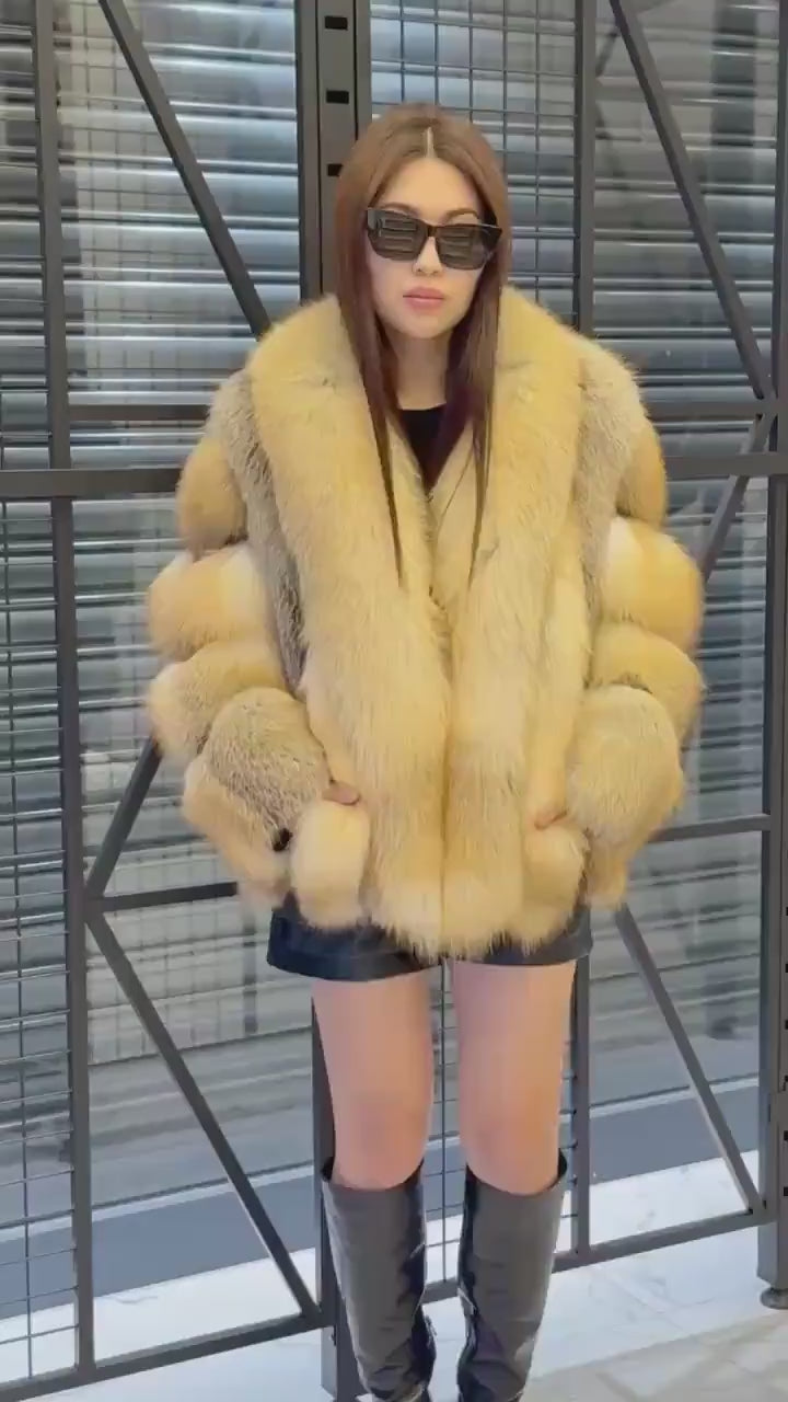 Women’s Gold Fox Fur Jacket, Luxury Handmade Short Fur Coat