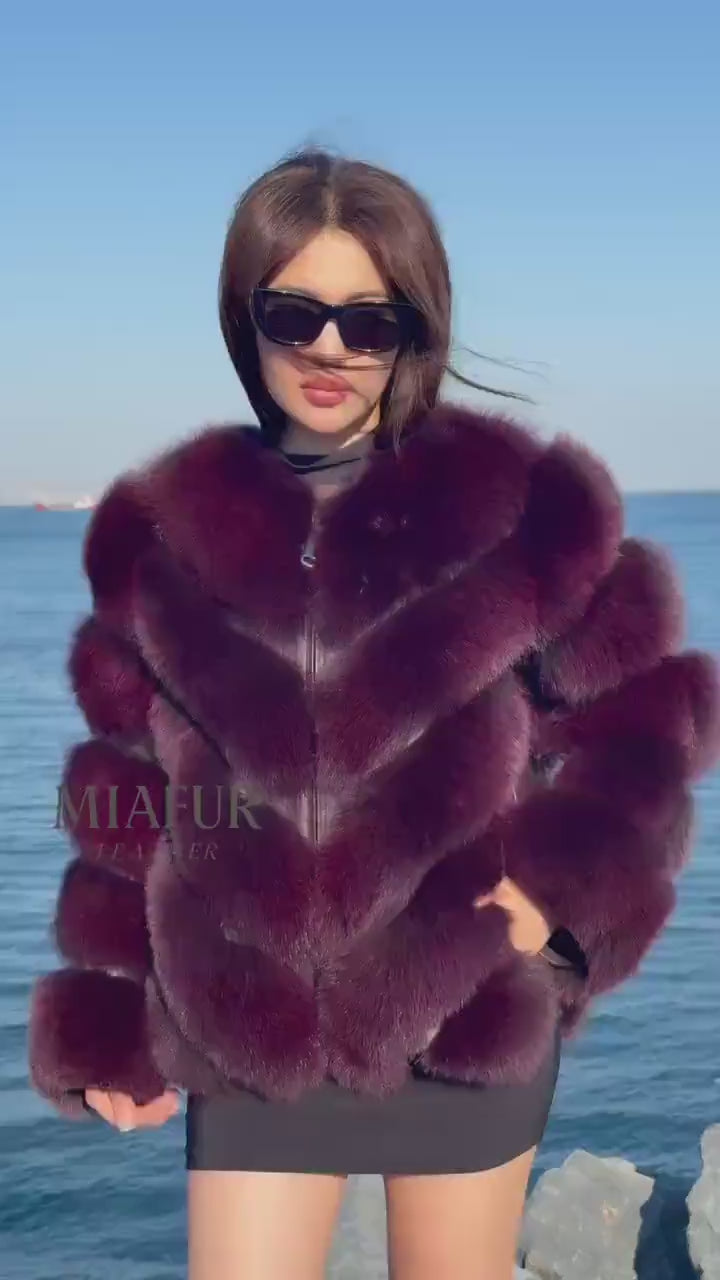 Women’s Burgundy Fox Fur Jacket: Handmade Detachable Sleeve Short Fur Coat
