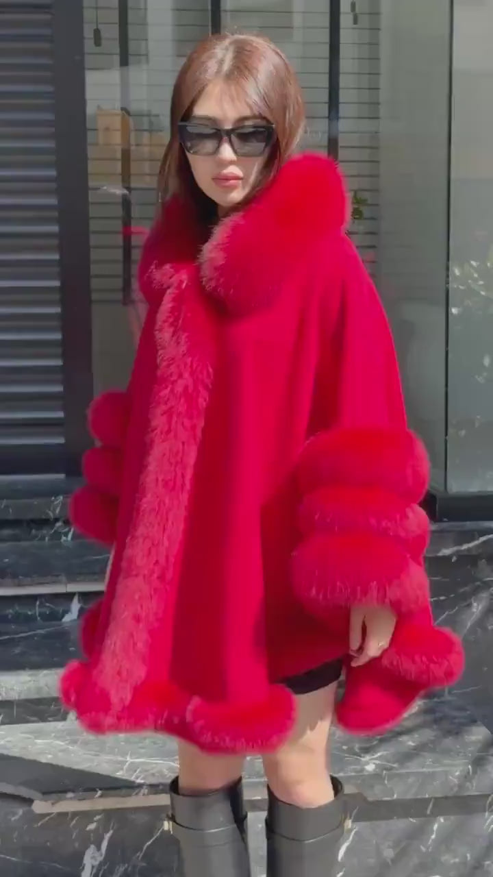 Red Wool Cashmere Cape Coat with Fox Fur Trim, Women Fox Fur Jacket..- Red Fox Fur Jacket.. Fox Fur Cape— Fox Fur
