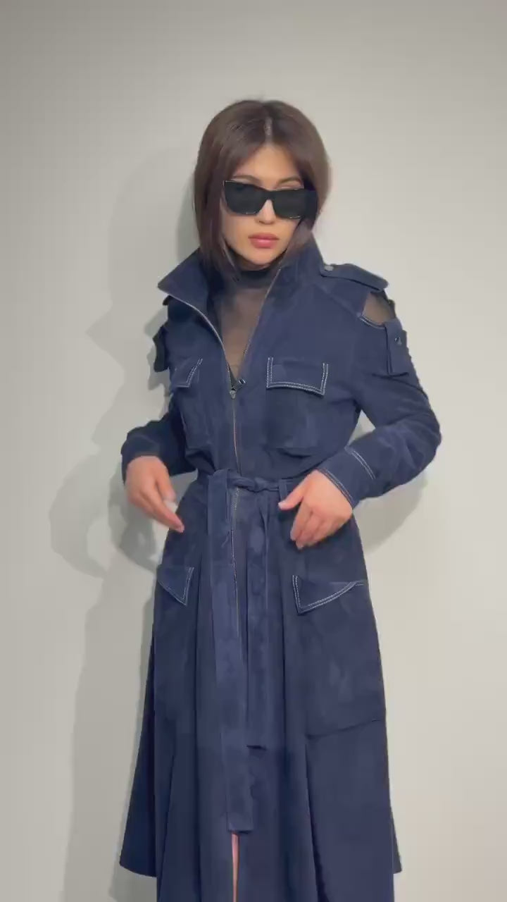 Blue Suede Trench Coat: Handmade Women's Long Coat