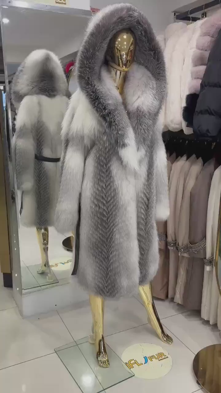 White Long Frost Fox Fur Coat With Hood, Handmade Women Fur Winter Jacket