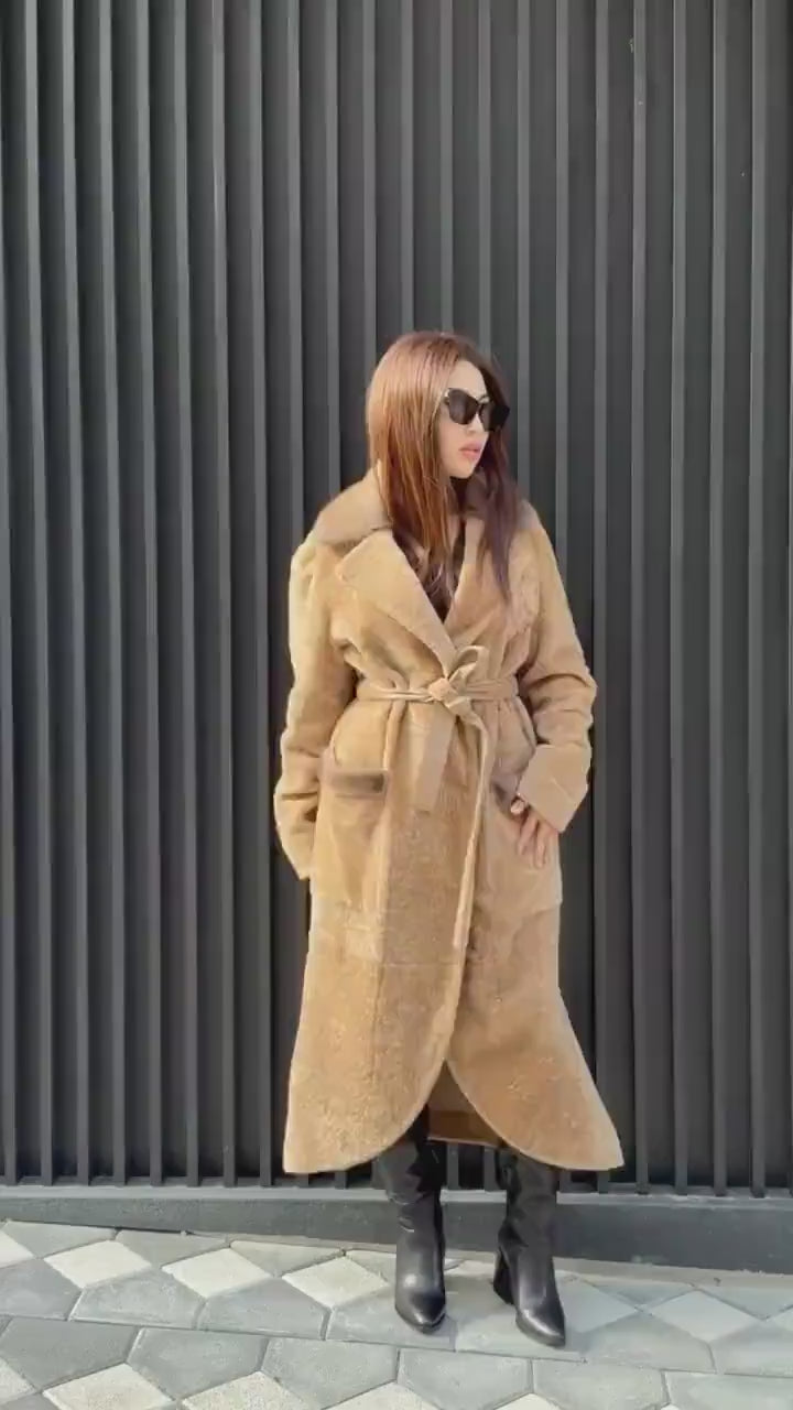 Camel Long Astrakhan Coat, Premium Women’s Collar Mink Fur Shearling Jacket. LIMITED EDITION