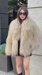 Luxury Camel Tibetan Fur Coat, Women Short Mongolian Lamb Fur Shaggy Jacket, Full Skin
