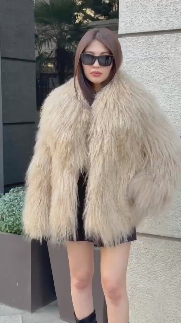 Luxury Camel Tibetan Fur Coat, Women Short Mongolian Lamb Fur Shaggy Jacket, Full Skin