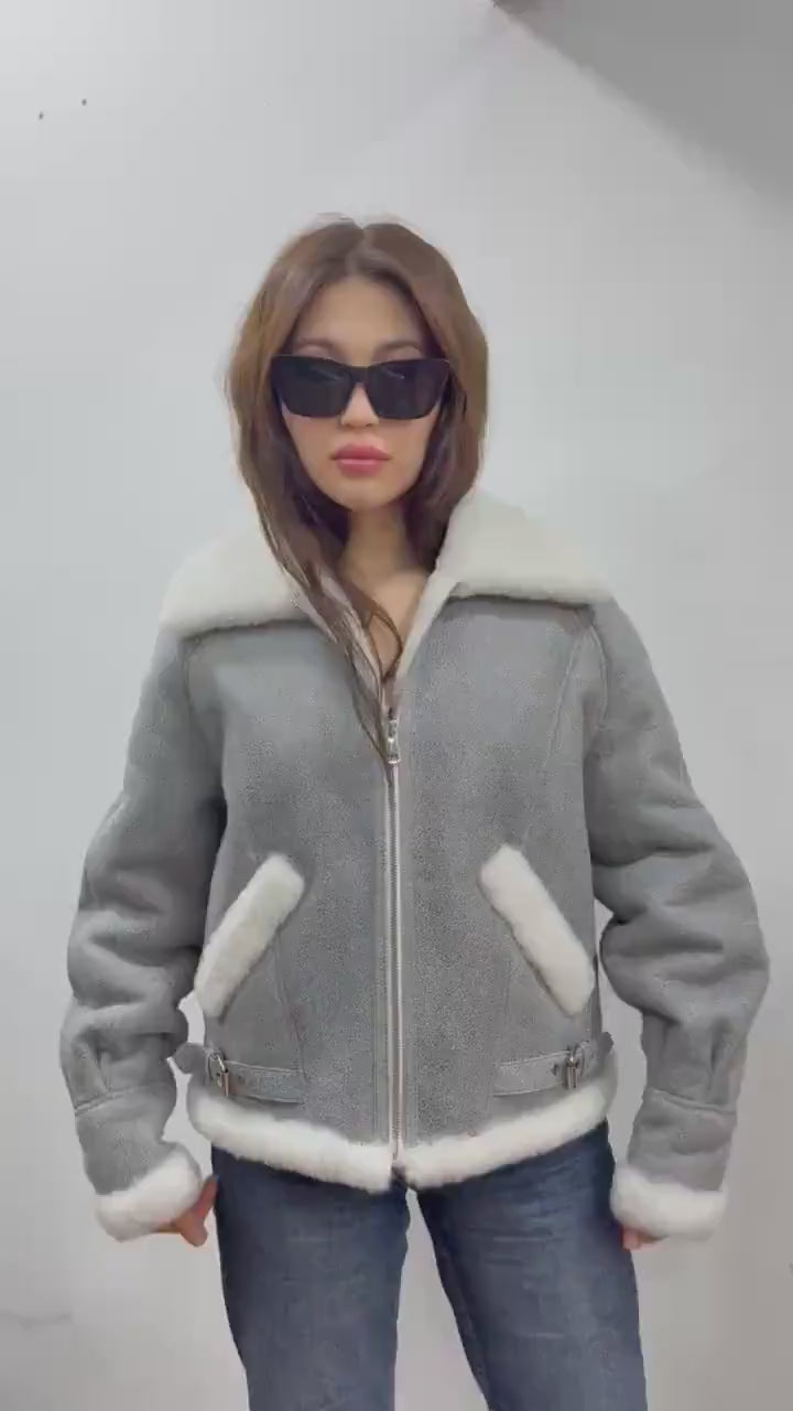 Gray Women’s Shearling Coat, Handmade Short Lamb Fur Jacket