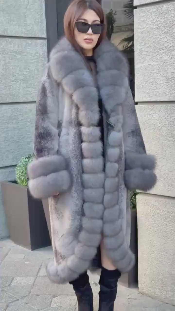 Gray Long Faux Mink Fur Coat - Front & Cuffs Genuine Fox Fur Jacket | Gray Fox Fur Coat