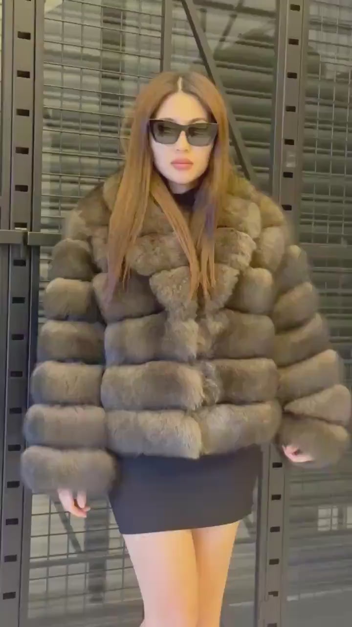 Brown Fox Fur Jacket, Limited Edition Sable Color Fur Coat For Women