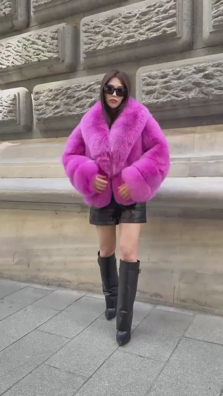 Pink Fox Fur Jacket, Handmade Women’s Short Fur Coat