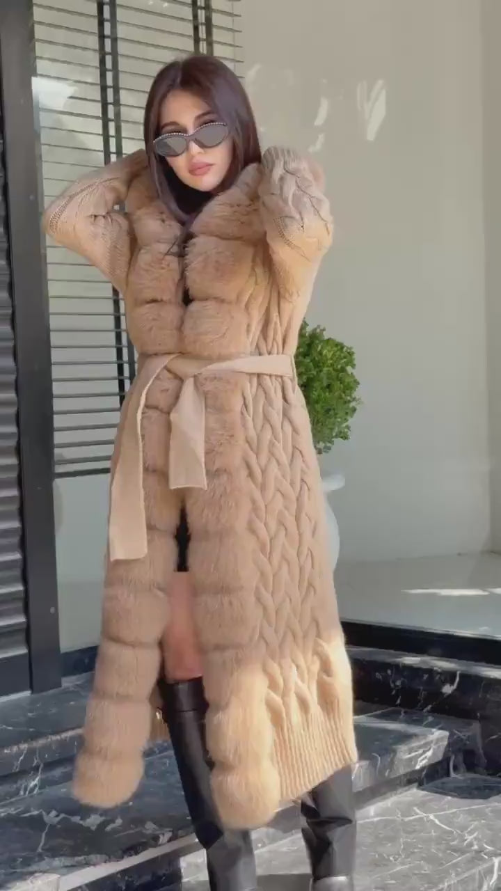 Camel Handmade Women Luxury Knit Cardigan with Fox Fur Coat –Handcrafted Long Knitwear Coat – Elegant Cable Knit Outerwear for Women