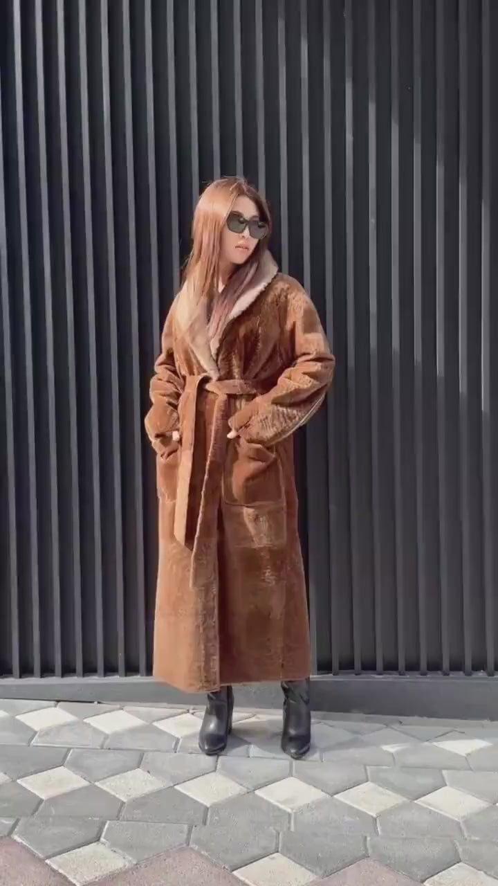 Camel Long Astrakhan Coat, Premium Women’s Collar Mink Fur Shearling Jacket. LIMITED EDITION