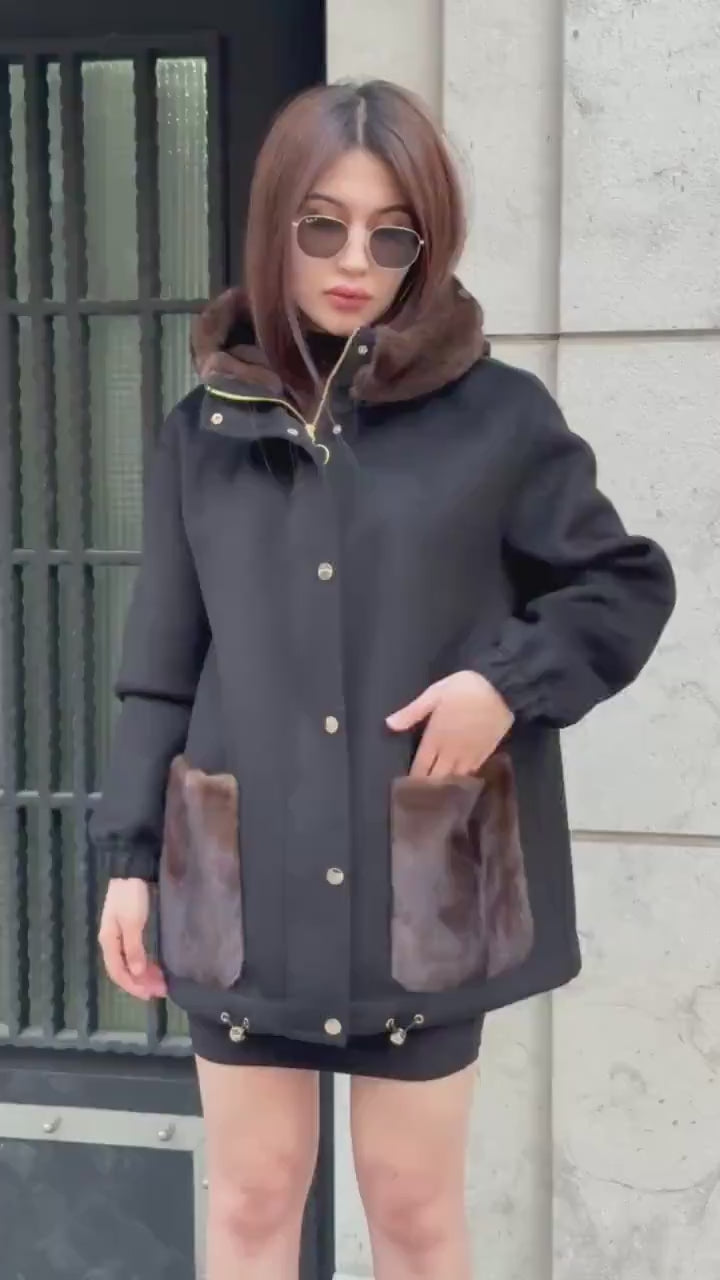 Black Women’s Zibellino Alpaca Jacket, Short Hood Pocket Mink Fur Trim Virgin Wool Coat