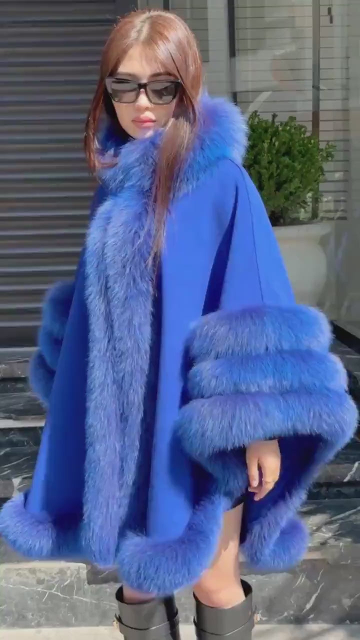 Sax Blue Wool Cashmere Cape Coat with Fox Fur Trim – Luxury Handmade Winter Wrap, Elegant Oversized Shawl Poncho, Plus Size Cloak
