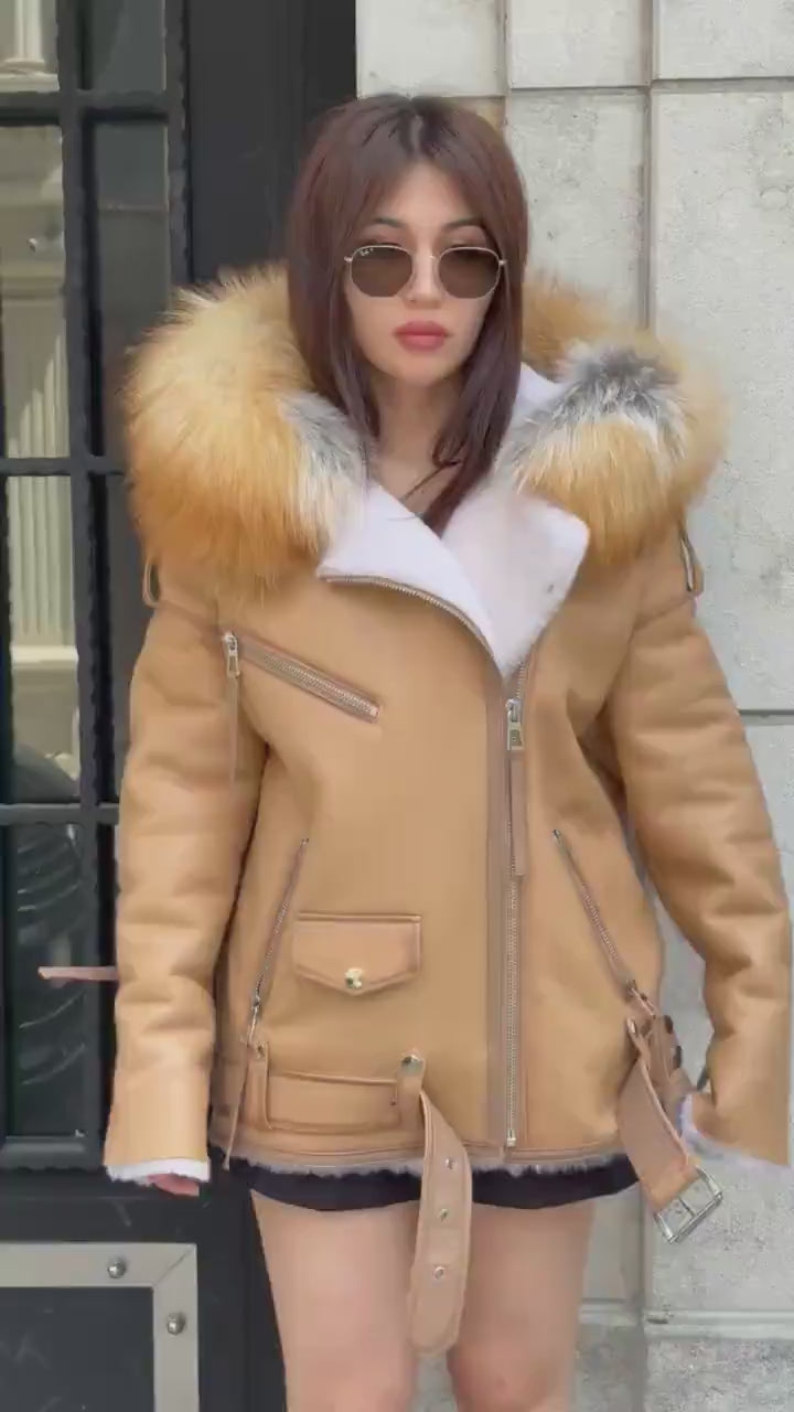 Mustard Women’s Shearling Coat, Handmade Lambskin Short Hood - Fox Fur Jacket