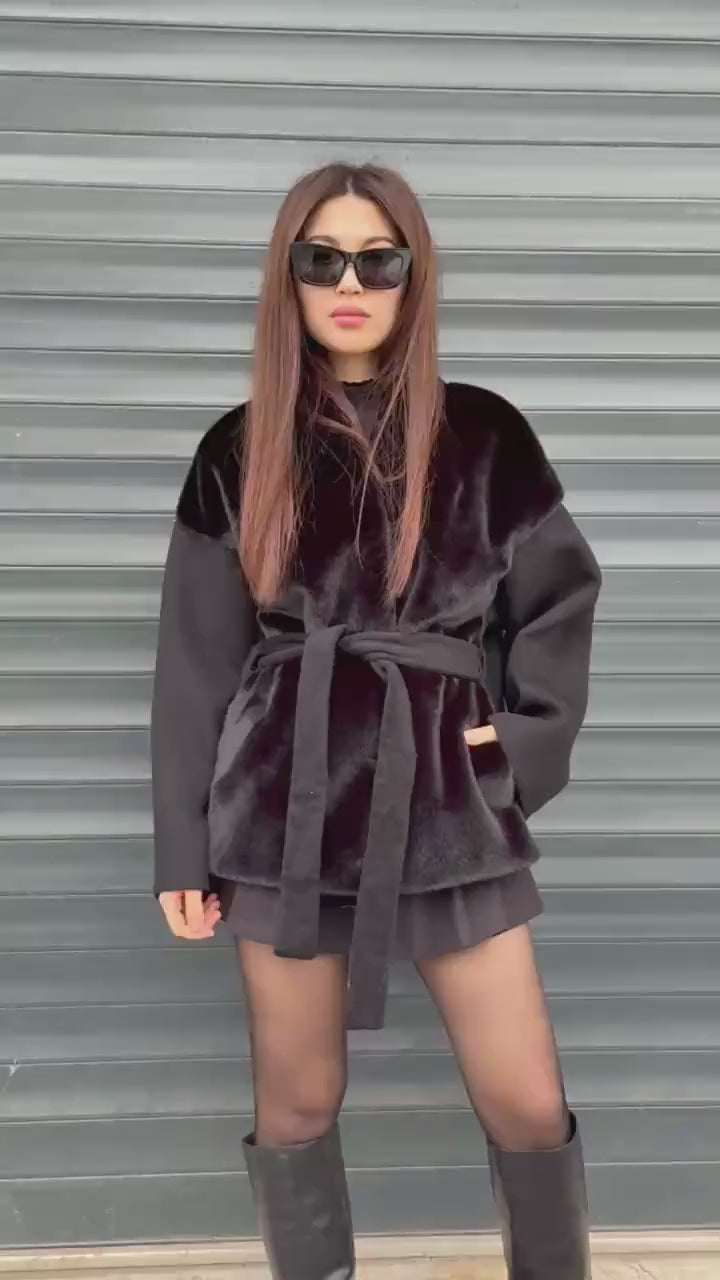 Black Short Zibellino Alpaca Wool Jacket, Short Front Faux Mink Fur Coat