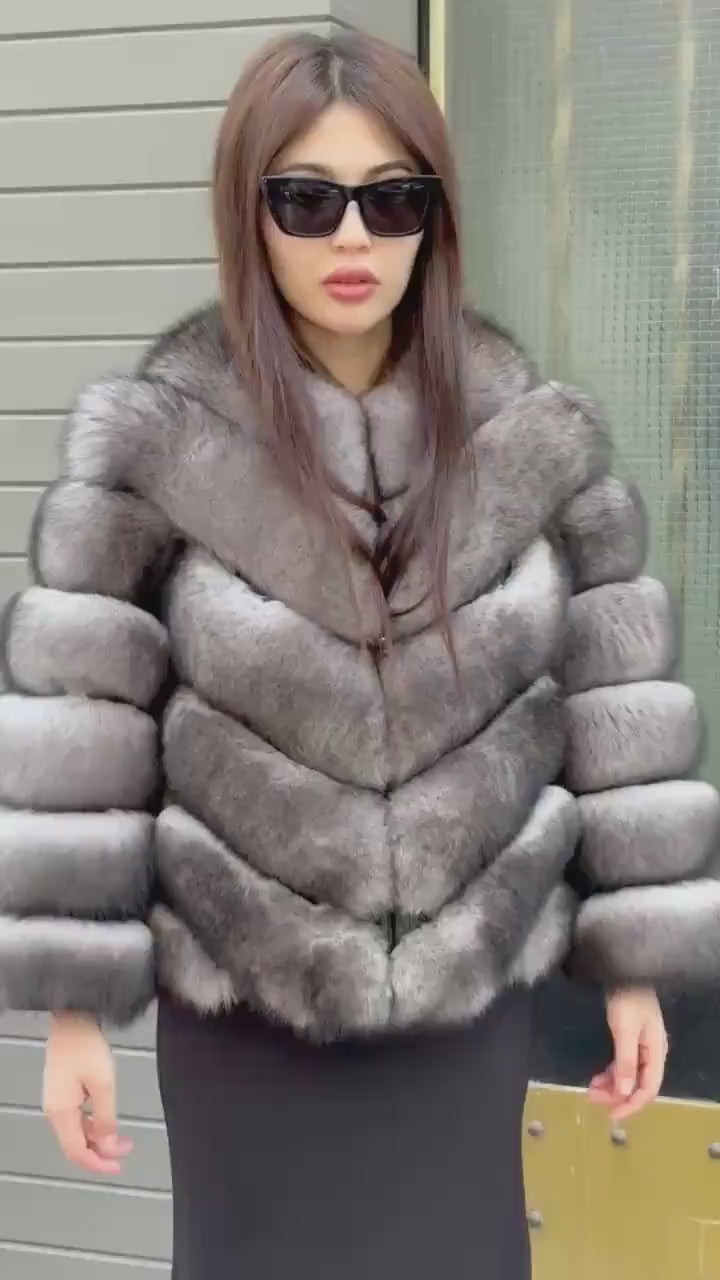 Women’s Gray Fox Fur Jacket, Luxury Chinchilla Color Fur Coat