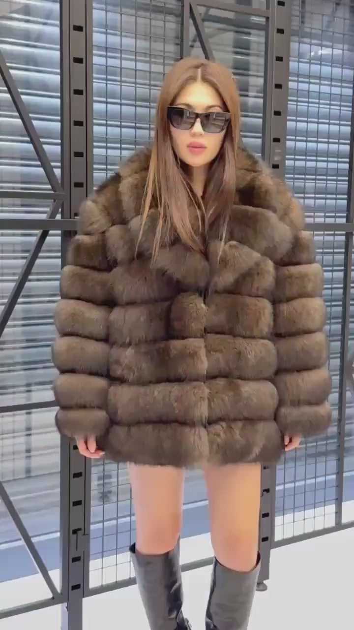 Brown Fox Fur Jacket, Limited Edition Sable Color Fur Coat For Women