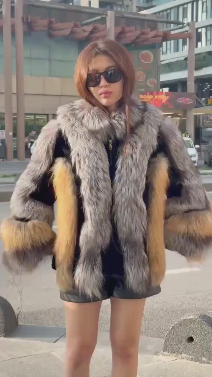 Gold-Silver Fox Fur Jacket, Women Frost Fox Fur Coat - Fox Fur Jacket - Premium Fox Fur